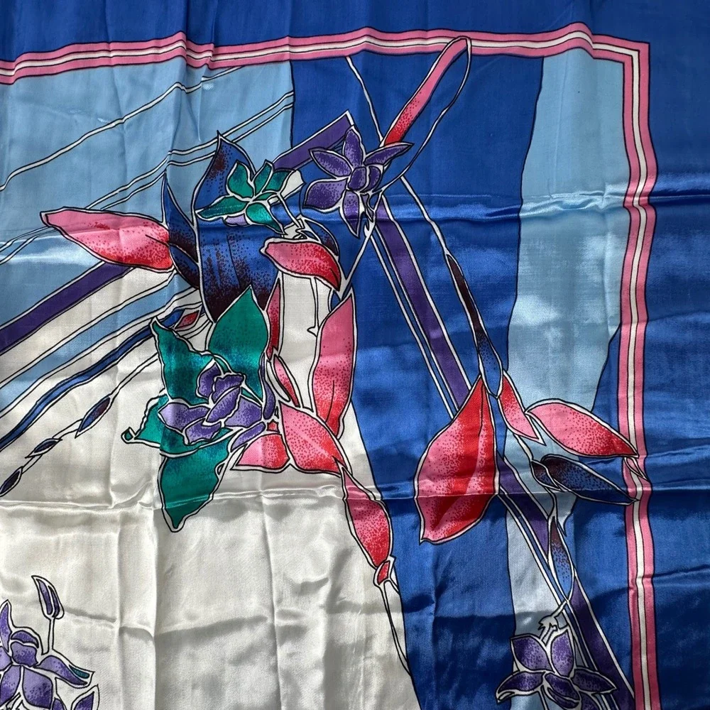 Vintage Blue Floral Satin Square Scarf Large Orchid Print 80s 90s Art Deco 36